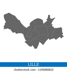 High Quality map of Lille is a city of France, with borders of districts