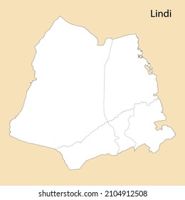 High Quality map of Lindi is a region of Tanzania, with borders of the districts