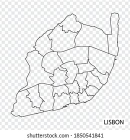 El mapa de alta calidad de Lisboa es una capital de Portugal, con fronteras de las regiones. Mapa de municipios de Lisboa para el diseño de su sitio web, aplicación, interfaz de usuario. EPS10.