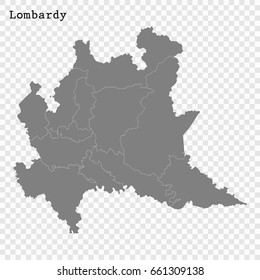 High Quality map of Lombardy is a region of Italy, with borders of the provinces