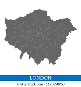High Quality map of London is a city in United Kingdom, with borders of districts