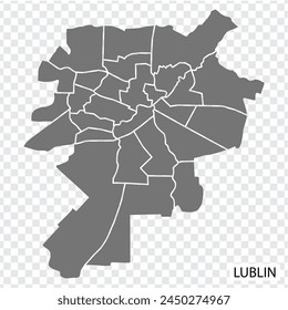 High Quality map of Lublin is a city  Poland, with borders of the districts. Map of Lublin for your web site design, app, UI. EPS10.