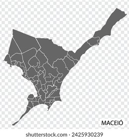 High Quality map of Maceio is a city  Brazil, with borders of the districts. Map of  Maceio for your web site design, app, UI. EPS10.