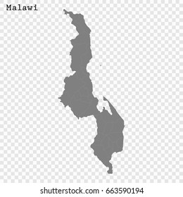 High quality map of Malawi with borders of the regions or counties 