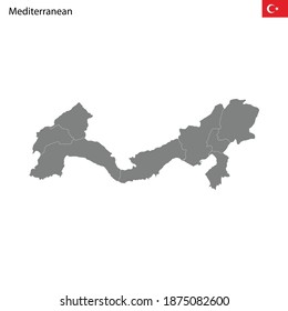 High Quality map Mediterranean region of Turkey, with borders of the provinces