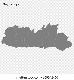 High Quality map of Meghalaya is a state of India, with borders of the districts