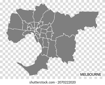 High Quality map of  Melbourne is a city  of  Australia, with borders of the regions. Map of  Melbourne for your web site design, app, UI. EPS10.