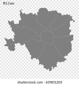 High Quality map of Milan is a city of Italy, with borders of the districts