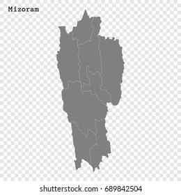 Mapa de alta calidad de Mizoram es un estado de India, con fronteras de los distritos