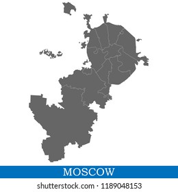 High Quality map of Moscow is a city of Russia, with borders of districts