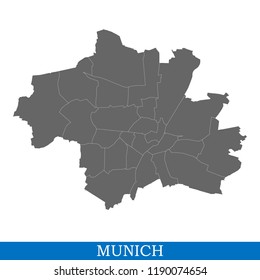 High Quality map of Munich is a city of Germany, with borders of districts
