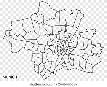 High Quality map of Munich is a city  The Germany, with borders of the districts. Map of Munich for your web site design, app, UI. EPS10.