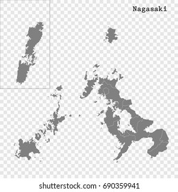 High Quality map of Nagasaki is a prefecture of Japan with borders of the districts