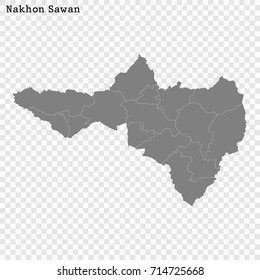 High Quality map of Nakhon Sawan is a province of Thailand, with borders of the districts