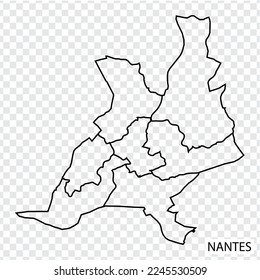 High Quality map of Nantes is a city of France, with borders of the districts. Map of  Nantes for your web site design, app, UI. Pays de la Loire. EPS10.