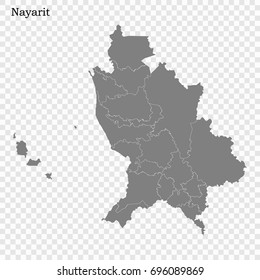 High Quality map of Nayarit is a state of Mexico, with borders of the municipalities