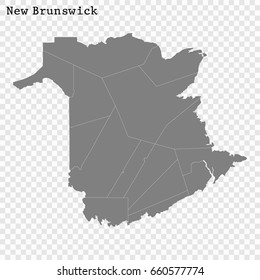 High Quality map of New Brunswick is a province of Canada, with borders of the counties