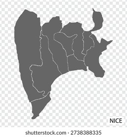 High Quality map of  Nice is a city of France, with borders of the districts. Map of Nice for your web site design, app, UI. Provence-Alpes-Cote d'Azur. EPS10.