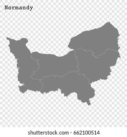 High Quality map of Normandy is a region of France, with borders of the departments
