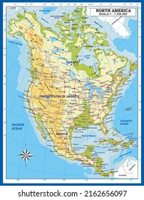 High quality map of north america with country and city name details