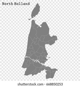 High Quality map of North Holland is a province of Netherlands, with borders of the Municipalities