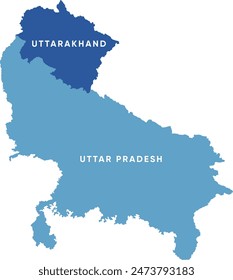 High Quality map for North region of India, with Uttar Pradesh in light blue and Uttarakhand in Navy borders of the states