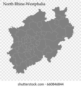 High Quality map of North Rhine-Westphalia and Labrador is a state of Germany, with borders of the regions