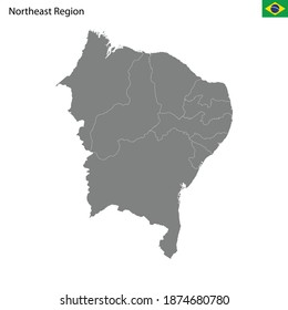 High Quality map Northeast region of Brazil, with borders of the states