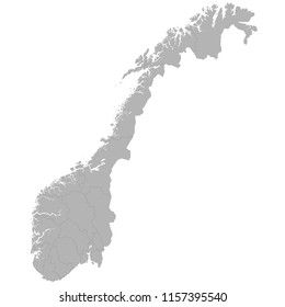 High quality map of Norway with borders of the regions on white background