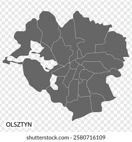 High Quality map of Olsztyn is a city  Poland, with borders of the districts. Map of Olsztyn for your web site design, app, UI. EPS10.