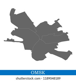 High Quality map of Omsk is a city of Russia, with borders of districts