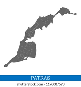 High Quality map of Patras is a city of Greece, with borders of districts