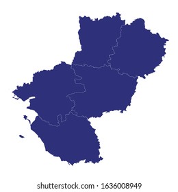 High Quality map of Pays de la Loire is a region of France, with borders of the departments