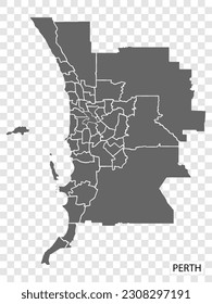 High Quality map of  Perth is a city  of  Australia, with borders of the regions. Map of  Perth for your web site design, app, UI. EPS10.