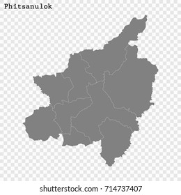 High Quality map of Phitsanulok is a province of Thailand, with borders of the districts