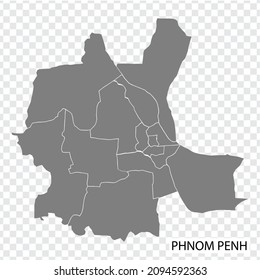 High Quality map of  Phnom Penh is a capital of  Cambodia, with borders of the regions. Map of  Phnom Penh for your web site design, app, UI. EPS10.