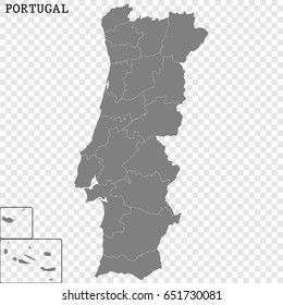 High quality map of Portugal with borders of the regions or counties