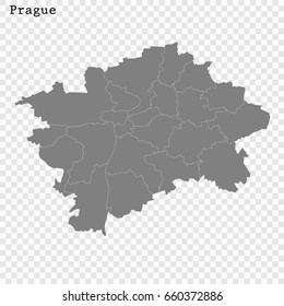 High Quality map of Prague is a city of Czech Republic, with borders of the regions