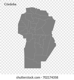 High Quality map of Córdoba province is a district of Argentina with borders of the departments