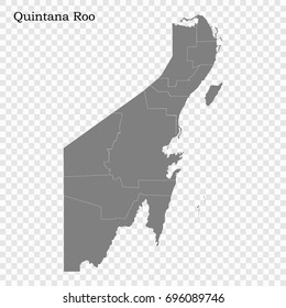 High Quality map of Quintana Roo is a state of Mexico, with borders of the municipalities