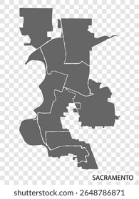 Mapa de alta qualidade Sacramento é uma cidade dos Estados Unidos, com fronteiras dos distritos. Mapa Sacramento da Califórnia para o seu web site design, app, UI. EPS10