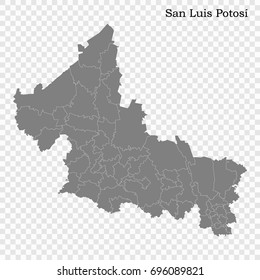 High Quality map of San Luis Potosí is a state of Mexico, with borders of the municipalities