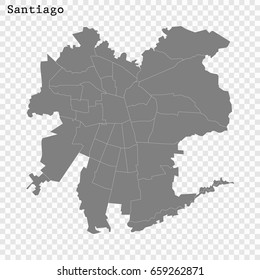 High Quality map of Santiago is a city of Chile, with borders of the regions