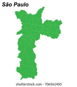 High Quality map of Sao Paolo is a city of Brazil, with borders of the regions