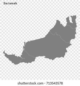 High Quality map of Sarawak is a state of Malaysia, with borders of the districts