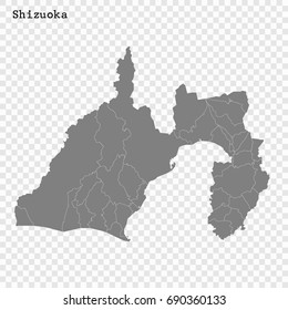 High Quality map of Shizuoka is a prefecture of Japan with borders of the districts