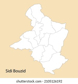 Mapa de alta calidad de Sidi Bouzid es una región de Túnez, con fronteras de distritos