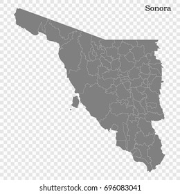 High Quality map of Sonora is a state of Mexico, with borders of the municipalities