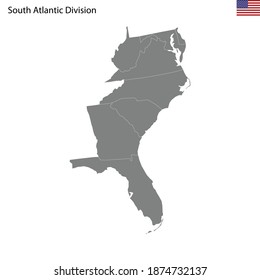 Mapa de alta calidad de la división del Atlántico Sur de los Estados Unidos de América con fronteras de los estados