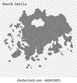 High Quality map of South Jeolla is a province of South Korea, with borders of the counties